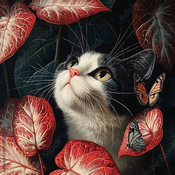 Fototapeta Curious cat gazes upward, surrounded by vibrant caladium leaves and delicate butterflies, creating scene filled with wonder and mystery. contrast of colors enhances enchanting atmosphere