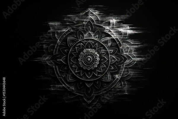 Obraz A monochrome digital mandala artwork with radial symmetry and a glitch effect on black background, combining mysticism and modern design.