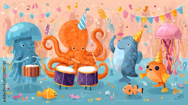 Obraz flat illustration of cute ocean animals