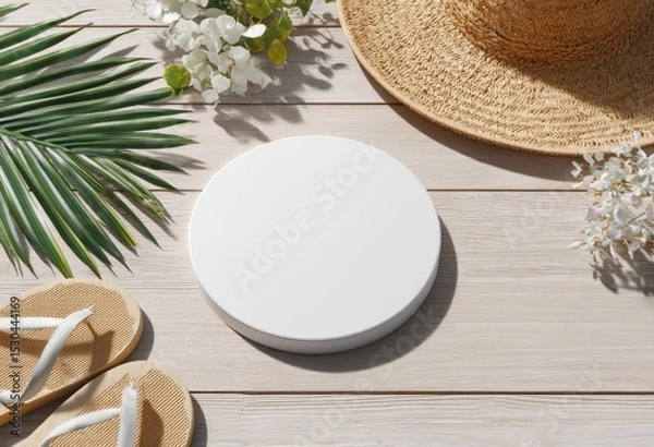 Fototapeta White disc podium surrounded by summery elements