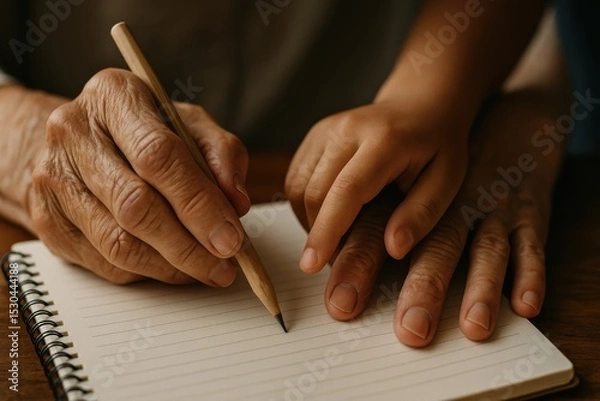 Obraz Young and elderly hands cooperate in writing on a notepad, symbolizing generational connection, learning, and mutual support.