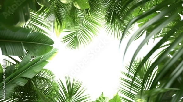 Fototapeta Green frame of tropical palm leaves surrounds a bright white background