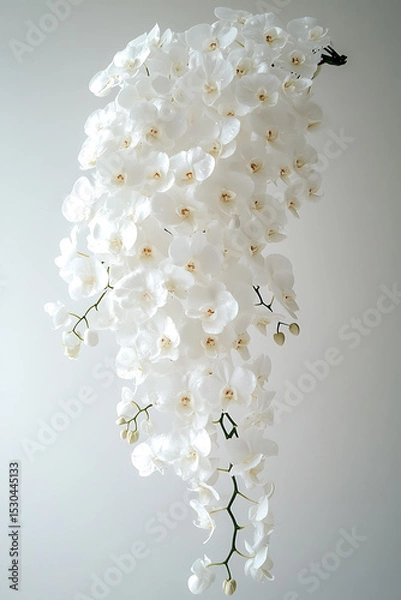 Fototapeta Stunning photograph of cascading white orchid arrangement, showcasing delicate petals and elegant blooms. This floral display adds touch of sophistication and beauty to any setting