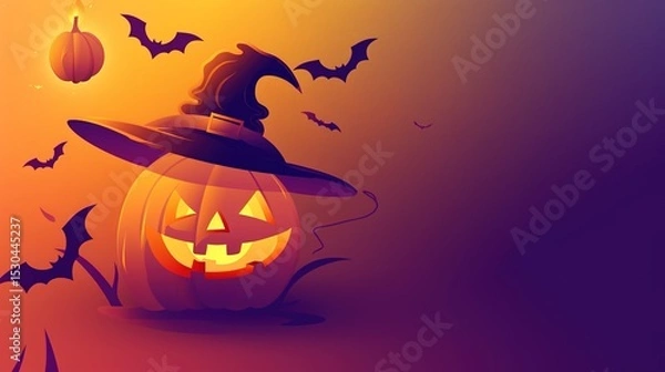 Obraz An interesting Halloween scene: a blinking pumpkin lantern, surrounded by bats and minimalist witch hats. With subtle horror shadows.