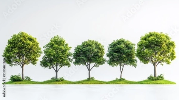 Fototapeta Five lush green trees standing in a row on small grassy mounds, isolated on a white background, symbolizing nature, growth, and eco-friendly concepts.