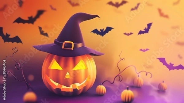 Obraz An interesting Halloween scene: a blinking pumpkin lantern, surrounded by bats and minimalist witch hats. With subtle horror shadows.