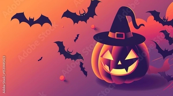 Obraz An interesting Halloween scene: a blinking pumpkin lantern, surrounded by bats and minimalist witch hats. With subtle horror shadows.