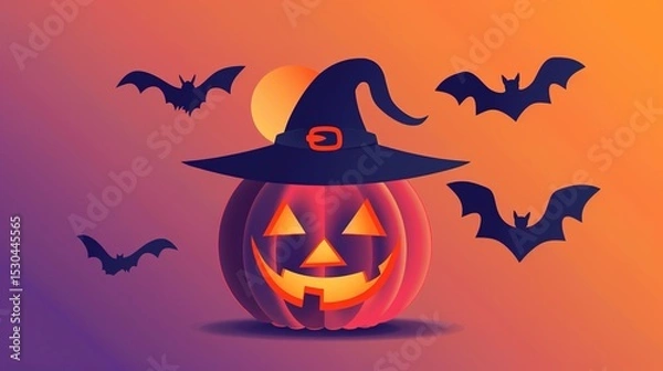 Obraz An interesting Halloween scene: a blinking pumpkin lantern, surrounded by bats and minimalist witch hats. With subtle horror shadows.