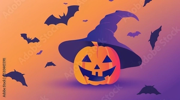 Obraz An interesting Halloween scene: a blinking pumpkin lantern, surrounded by bats and minimalist witch hats. With subtle horror shadows.