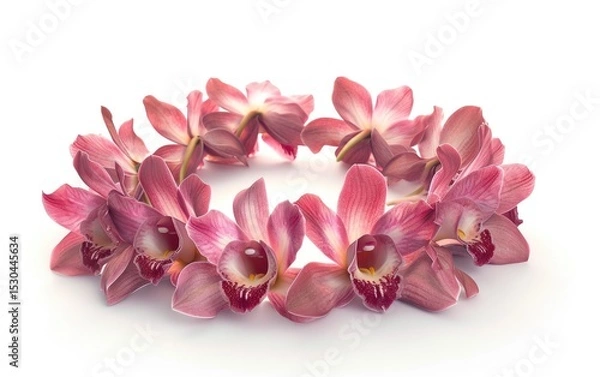 Fototapeta Circle of pink orchids forms a delicate and elegant floral wreath against a white background.