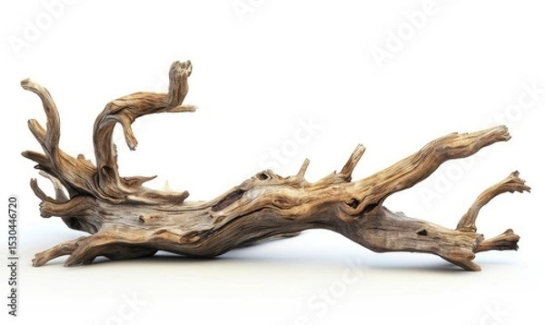 Fototapeta Intricately shaped piece of weathered driftwood is isolated against a clean white background.