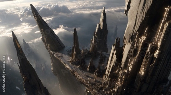 Obraz A high-altitude view of a fantastical, craggy city nestled amongst towering peaks.