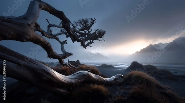 Obraz Dead tree branches on a misty beach at sunrise.