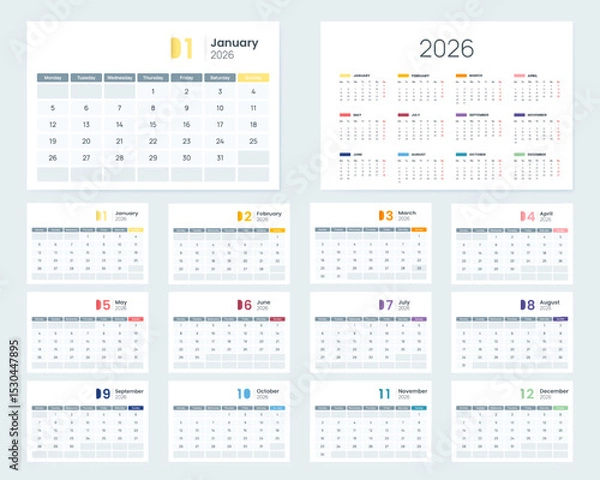 Fototapeta 2026 calendar set with clean monthly layouts, weekday labels, corporate design template vector. Desk calendar 2026