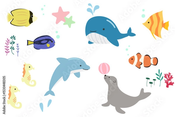 Obraz かわいい海の生き物のイラスト素材セット