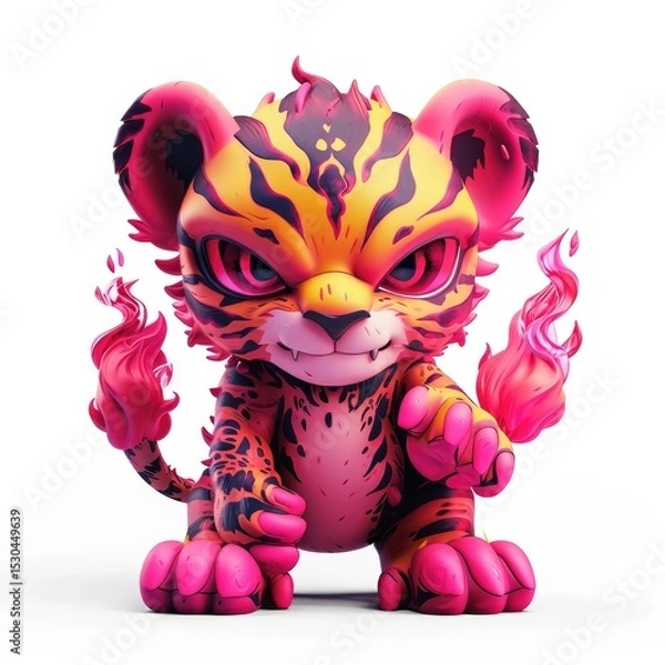 Fototapeta Cute but fierce tiger cub with pink and orange fur and fiery pink flames emanating from its tail on white background