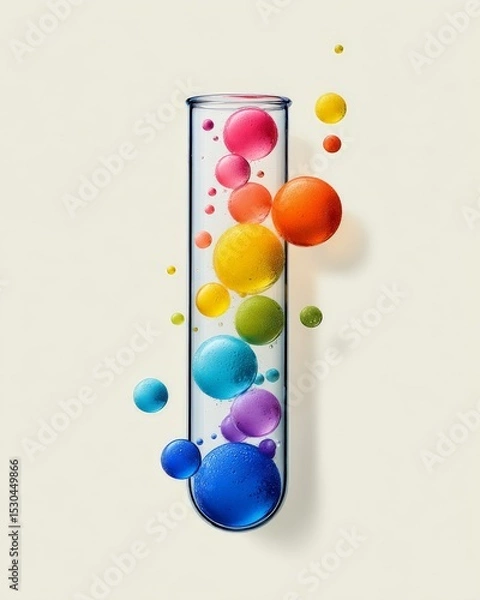 Fototapeta A test tube filled with colorful bubbles floating outside in a gradient pattern.