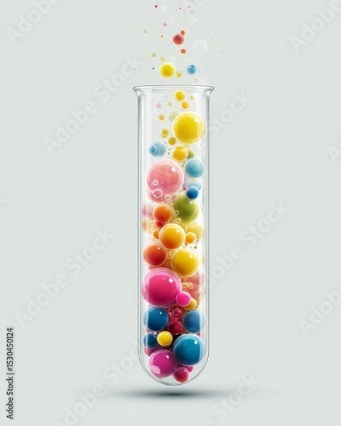 Fototapeta A test tube filled with colorful bubbles floating outside in a gradient pattern.