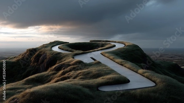 Obraz Winding path atop a grassy hilltop under a dramatic sky.