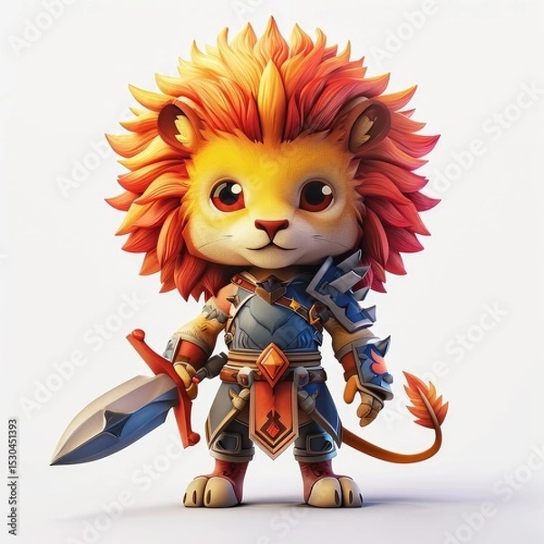 Fototapeta Cute 3D lion cub dressed as a warrior holds a sword on white background