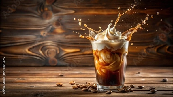 Obraz Iced coffee drink with whipped cream splash in glass on wooden surface