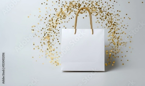 Fototapeta White shopping bag with gold confetti on white background.
