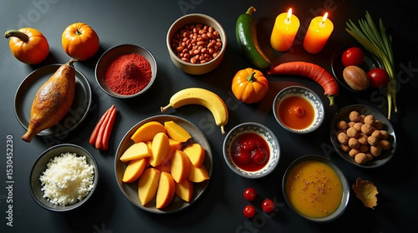 Obraz A vibrant autumnal still life featuring pumpkins, fruits, sauces, and lit candles on a dark surface