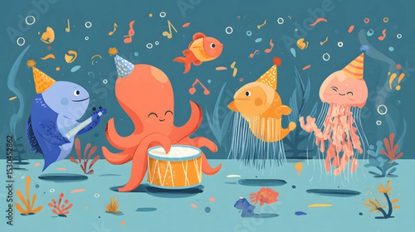 Obraz flat illustration of cute ocean animals