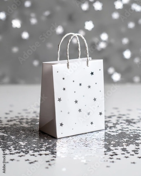 Fototapeta White shopping bag with silver confetti on white background.