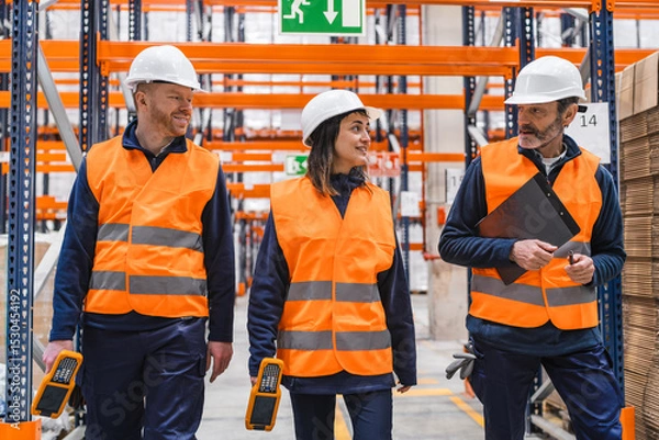 Fototapeta Warehouse workers wearing safety vests and helmets are walking through the facility, discussing logistics and using barcode readers
