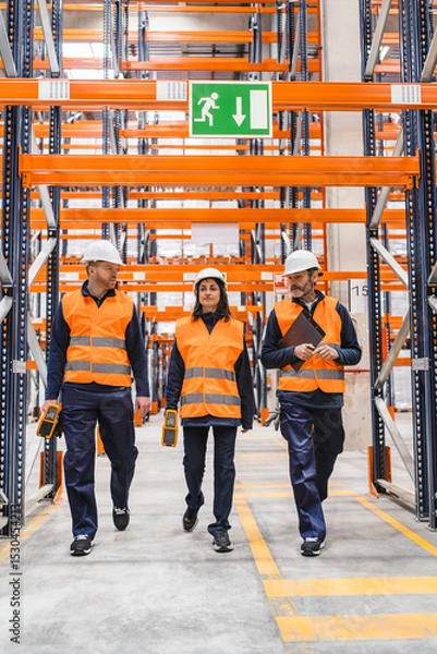 Fototapeta Logistics workers wearing safety vests and helmets are walking through a warehouse, using handheld devices to check inventory and manage goods