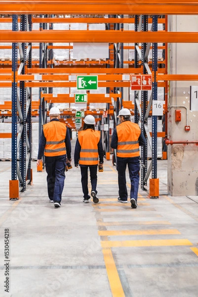 Fototapeta Warehouse workers wearing high visibility vests and safety helmets are walking through the aisles, using barcode scanners to check inventory