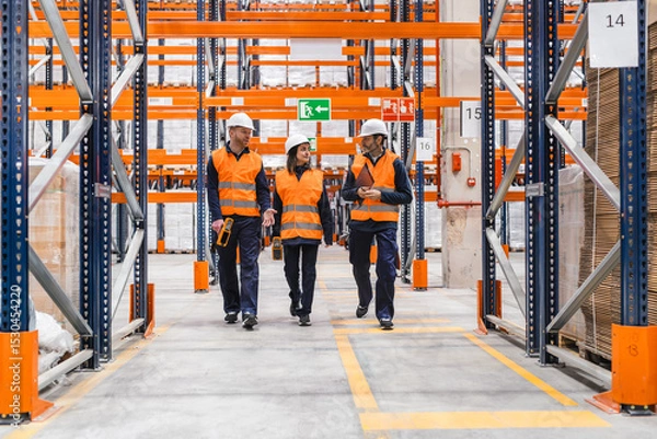 Fototapeta Warehouse workers wearing safety vests and helmets are walking through a large distribution center, discussing logistics and inventory management