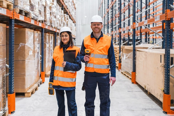 Fototapeta Warehouse workers are checking inventory using barcode scanner and clipboard, ensuring efficient logistics and order fulfillment