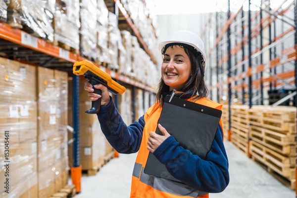 Fototapeta Smiling warehouse worker scanning packages with a barcode scanner while efficiently managing inventory in a busy logistics center
