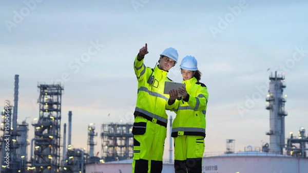 Fototapeta Safety Engineers Surveying Refinery Operations, Engineers Reviewing Plans at Industrial Site at Dusk, Team of Industrial Workers with Tablet at Night