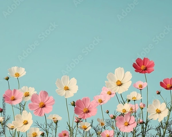 Obraz Down bright comforting concept, Colorful Cosmos Flowers Against a Soft Blue Sky Background