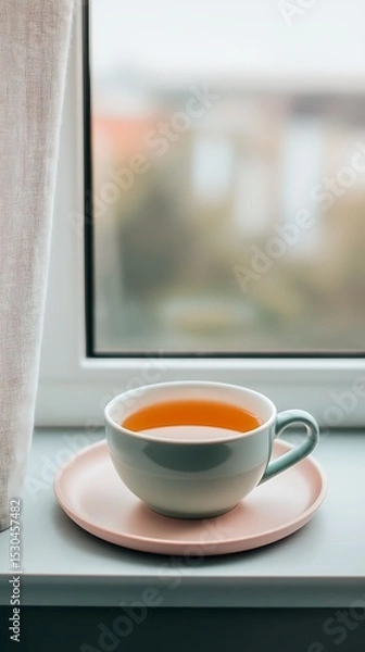 Obraz Down bright comforting concept, Cozy Tea Cup on a Saucer by Window with Soft Natural Light