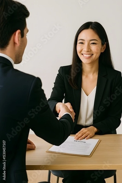 Fototapeta job interview by human resource HR officer interviwing, talk new employee shaking hands in office with smiling face. HR Manager interview check resume, face to face. Job Interview Concept