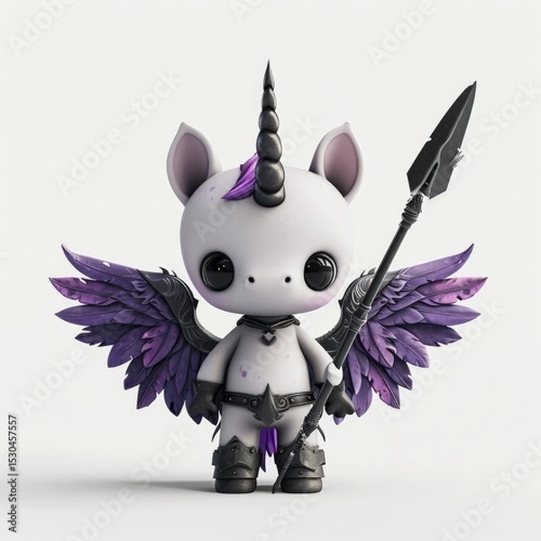 Fototapeta Cute chibi-style dark unicorn warrior is depicted, wearing armor and wings and holding a spear on white background