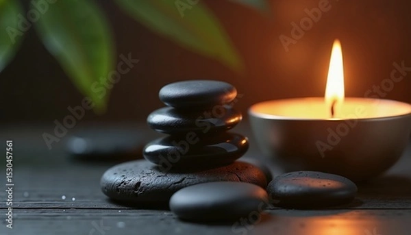 Obraz Zen stones and candle in serene setting, perfect for relaxation themes
