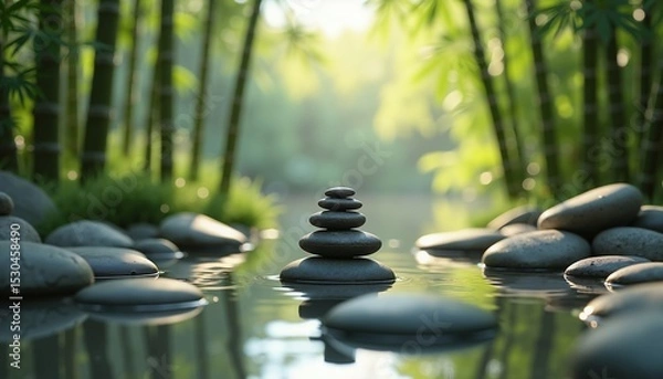 Obraz Balanced stones in tranquil bamboo forest, nature background, meditation concept