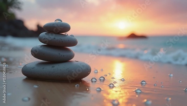 Obraz Balancing stones on beach at sunset, tranquility and meditation symbol