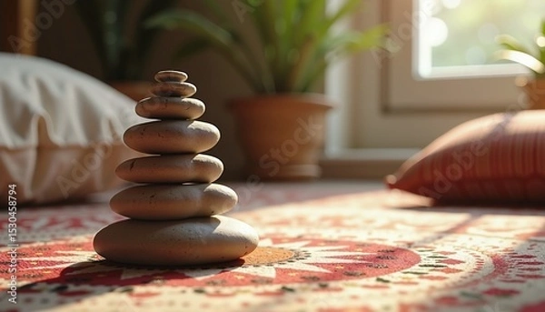 Obraz Stacked zen stones on patterned carpet in sunny room, symbolizing relaxation and balance