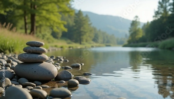 Obraz Peaceful river with balanced stones in nature, tranquil meditation scene
