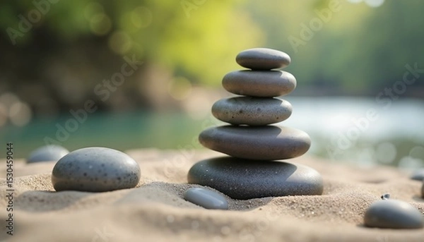 Obraz Balanced stone stack on sandy beach, symbol of tranquility and relaxation