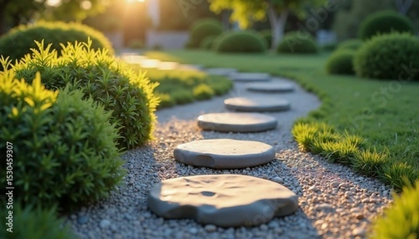 Obraz Serene garden with stone path illuminated by warm sunset, ideal for relaxation themes
