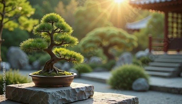 Obraz Serene bonsai tree in sunlight on rock in tranquil Japanese garden, meditation theme