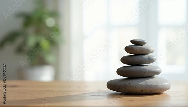 Obraz Balanced stack of smooth stones on wooden surface, symbolizing tranquility indoors