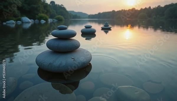 Obraz Stacked stones in tranquil lake at sunset, calming nature scene for relaxation themes